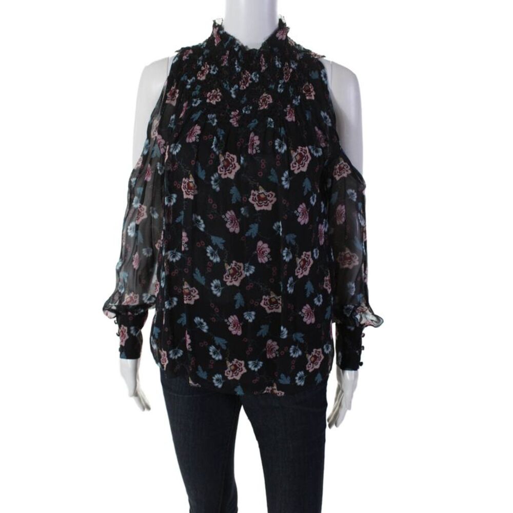 Designer Womens Silk Textured High Neck Long Sleeve Floral Blouse Black Size S
